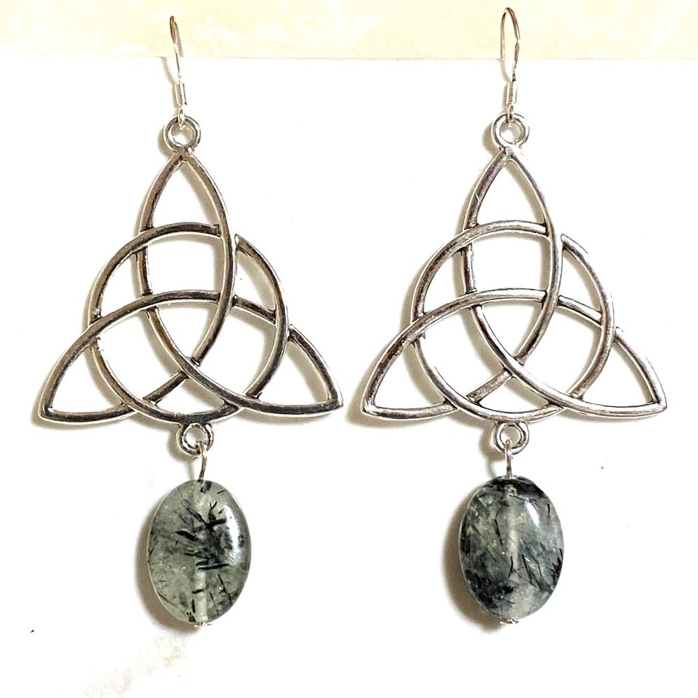 2/$20, Genuine Green Prehnite Celtic Trinity Sterling Silver Dangle Earrings